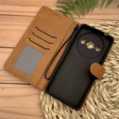 کیف گوشی Redmi A3 - Redmi A3X شیائومی مگنتی طرح چرم کتابی محافظ لنز دار بند دار قهوه ای
