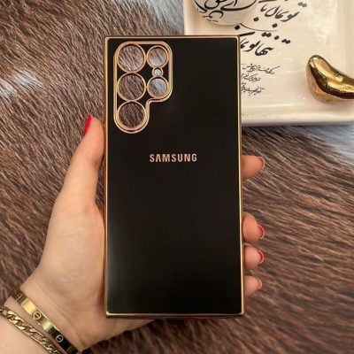 قاب گوشی Galaxy S22 Ultra سامسونگ ژله ای مای کیس طرح Gold Line دور طلایی محافظ لنز دار مشکی