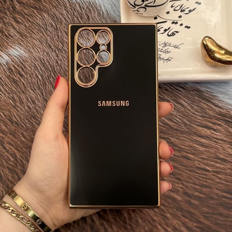 14hNZ7hhH7W4J-zH قاب گوشی Galaxy S22 Ultra سامسونگ ژله ای مای کیس طرح Gold Line دور طلایی محافظ لنز دار مشکی
