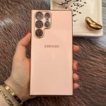 قاب گوشی Galaxy S22 Ultra سامسونگ ژله ای مای کیس طرح Gold Line دور طلایی محافظ لنز دار گلبهی کد 20095