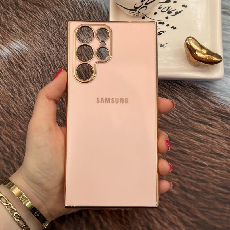bkmA1Gw-Zf-9iY_1 قاب گوشی Galaxy S22 Ultra سامسونگ ژله ای مای کیس طرح Gold Line دور طلایی محافظ لنز دار گلبهی کد 20095