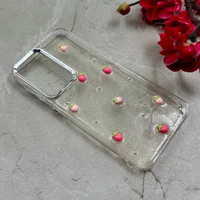 قاب سامسونگ شفاف شاین لنز کرومی برجسته طرح توت فرنگی